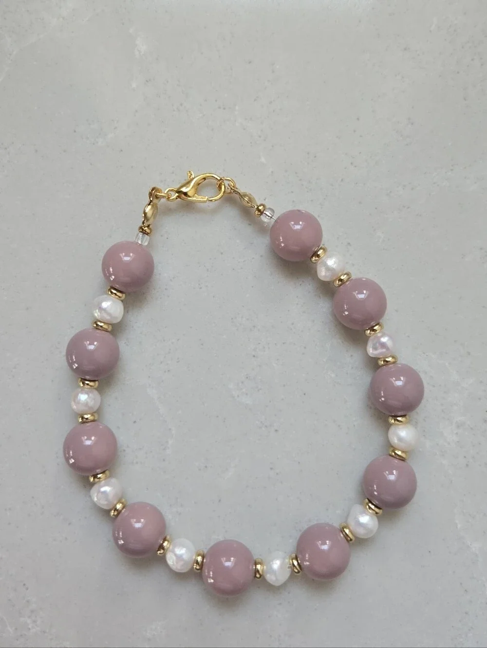 Handcrafted Fresh Water Pearl Bracelet With Glass Mauve Beads